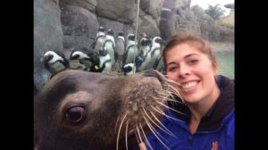 a trainer and her sea lion visiting some penguins